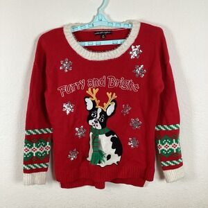 Ugly Christmas Sweater Womens Sweater Sz M Medium Red Stretch Long Sleeve Dog